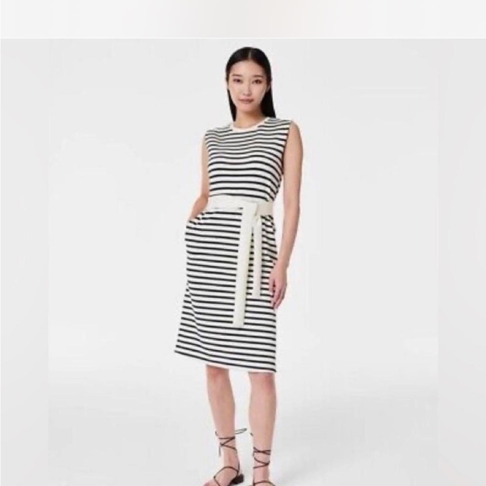 SPANX  AirEssentials Black and White Striped Midi Tank Tie Waist Dress Large